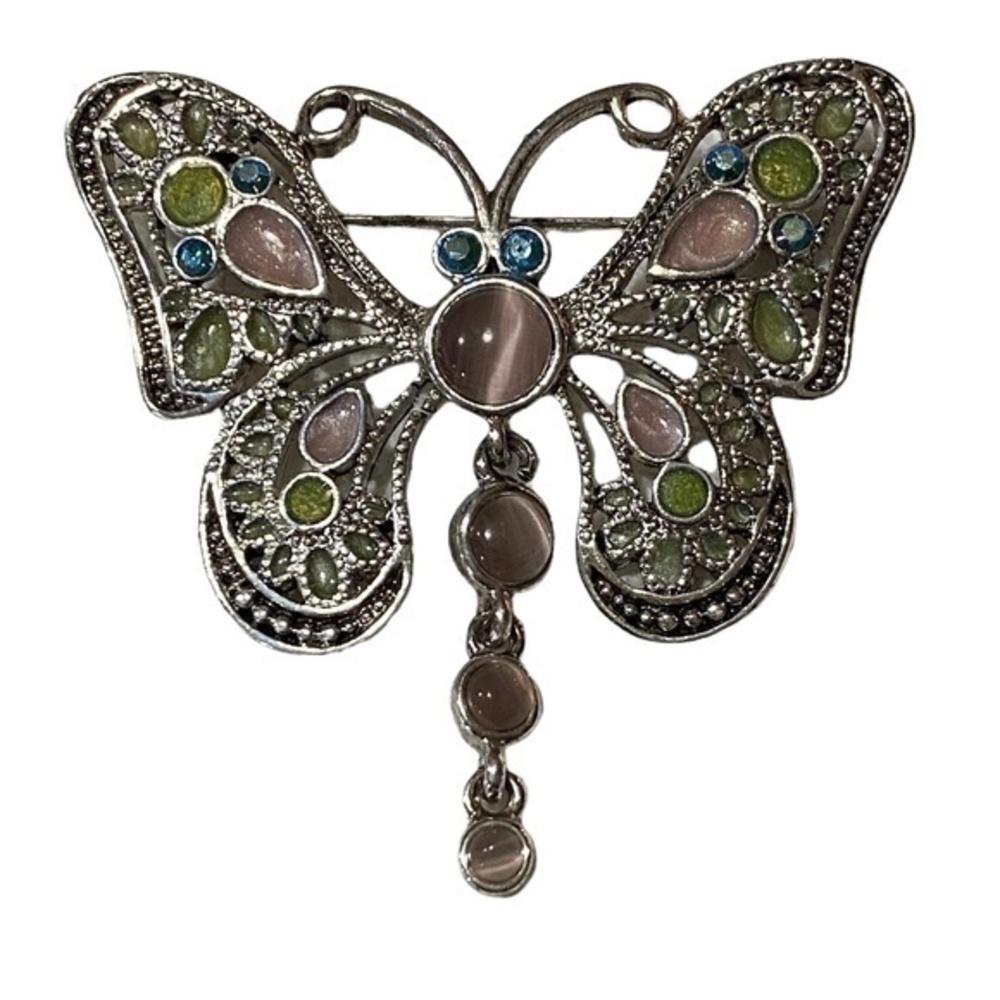 Fiber Optic Silver Tone Rhinestone Enamel Butterfly Statement Piece Brooch Pin